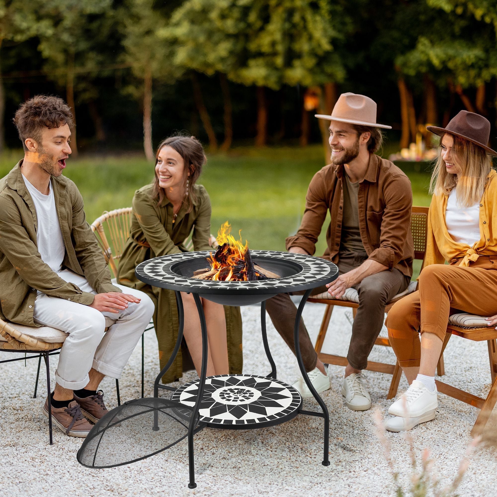 30 Outdoor Fire Pit Dining Table, 3 - in - 1 Round Wood Burning Fire Pit Bowl, Patio Ice Bucket with Storage Shelf, Spark Screen Cover - Tuesday Morning - Fire Pits