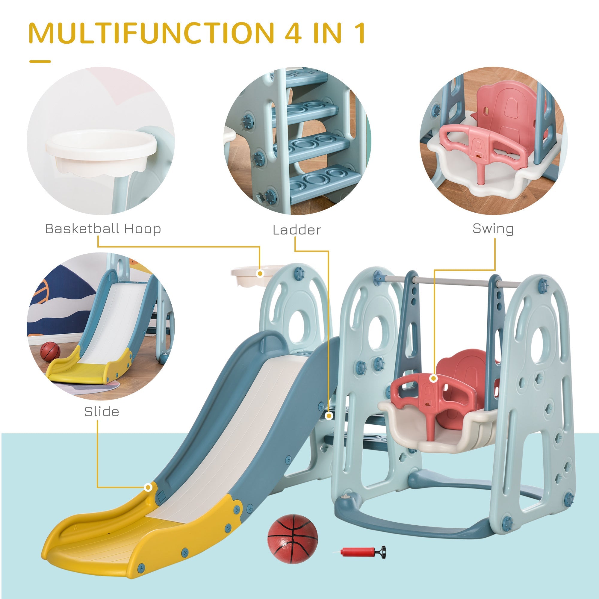 4 in 1 Toddler Slide and Swing Set with Adjustable Seat Height and Basketball Hoop, Freestanding Kids Climber Slide Playset with Basket Ball for Indoor Outdoor Playground Aged 18 - 60 months - Tuesday Morning - Toys & Games