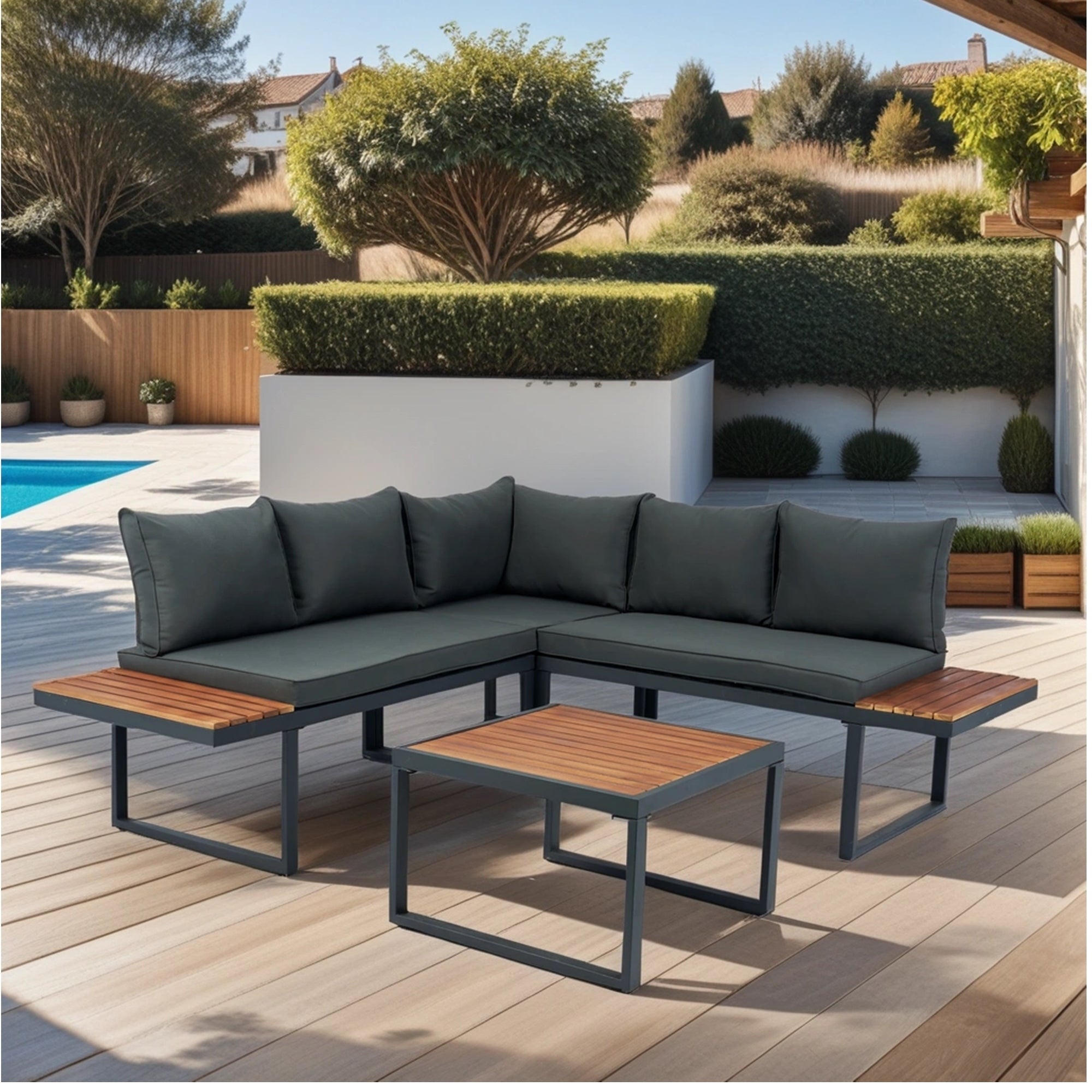 4 Piece L - Shaped Patio Wicker Outdoor 5 - Seater Sectional Sofa Seating Group Conversation Sets with Side Table & Dark Grey Cushions - Tuesday Morning - Outdoor Furniture Sets