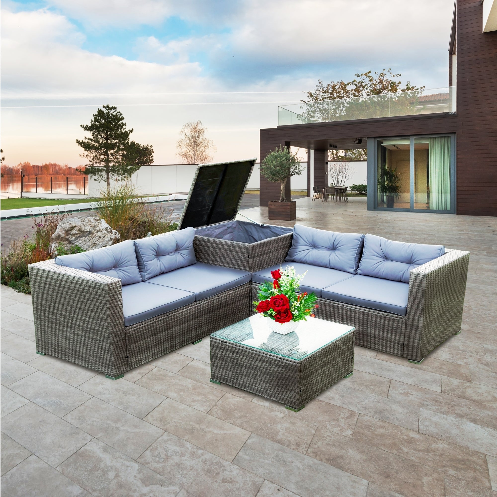 4 Piece Patio Sectional Wicker Rattan Outdoor Furniture Sofa Set with Storage Box Grey - Tuesday Morning - Outdoor Furniture Sets