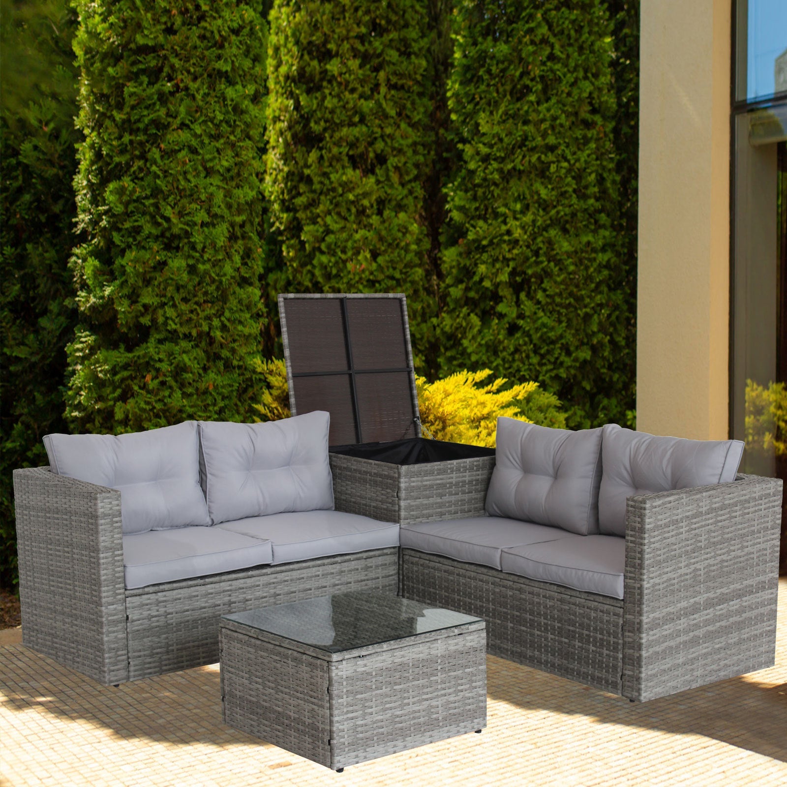 4 Piece Patio Sectional Wicker Rattan Outdoor Furniture Sofa Set with Storage Box Grey - Tuesday Morning - Outdoor Furniture Sets