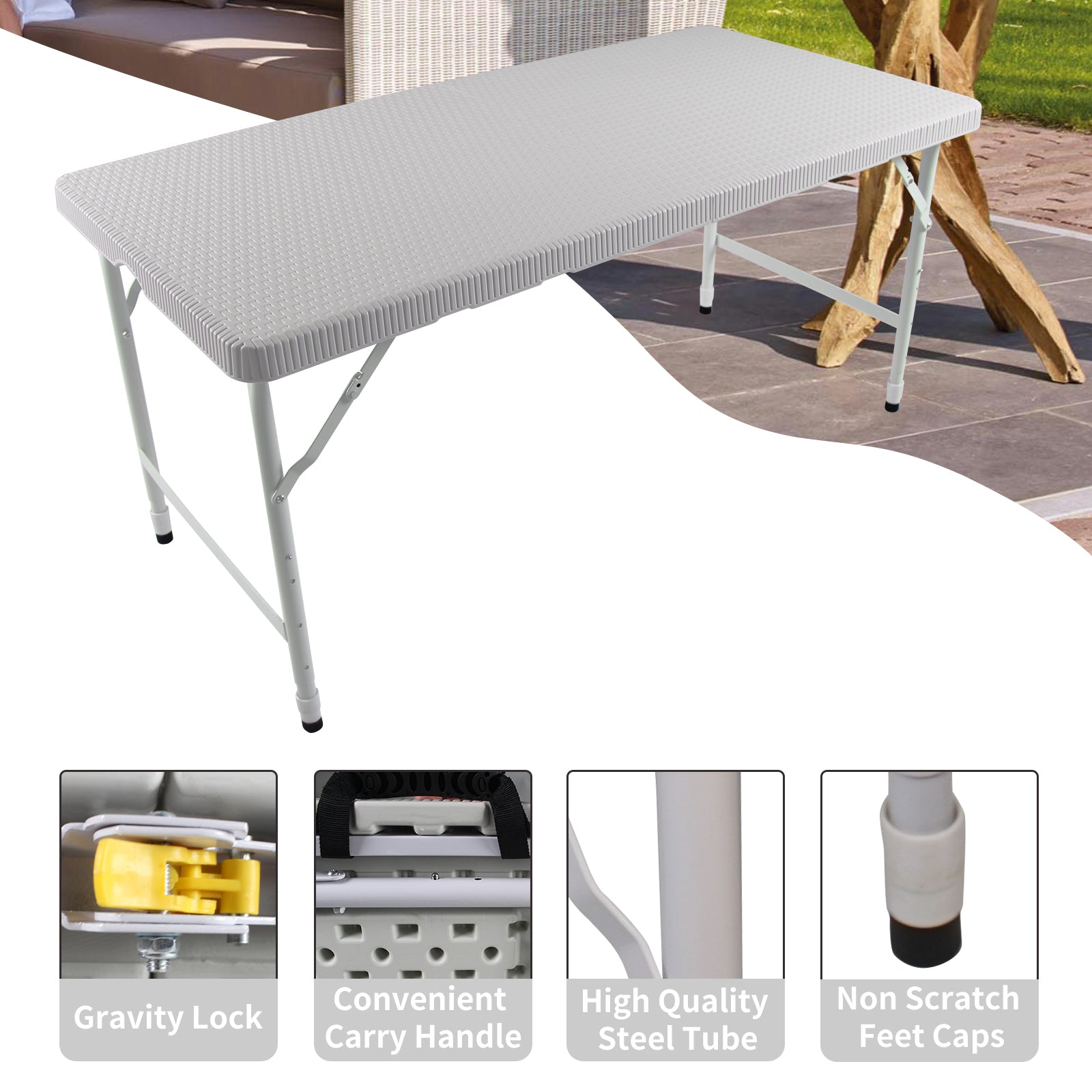 4ft Rattan Folding Table for Indoor&Outdoor, Portable Foldable Table Rattan Plaited White - Tuesday Morning - Outdoor Tables