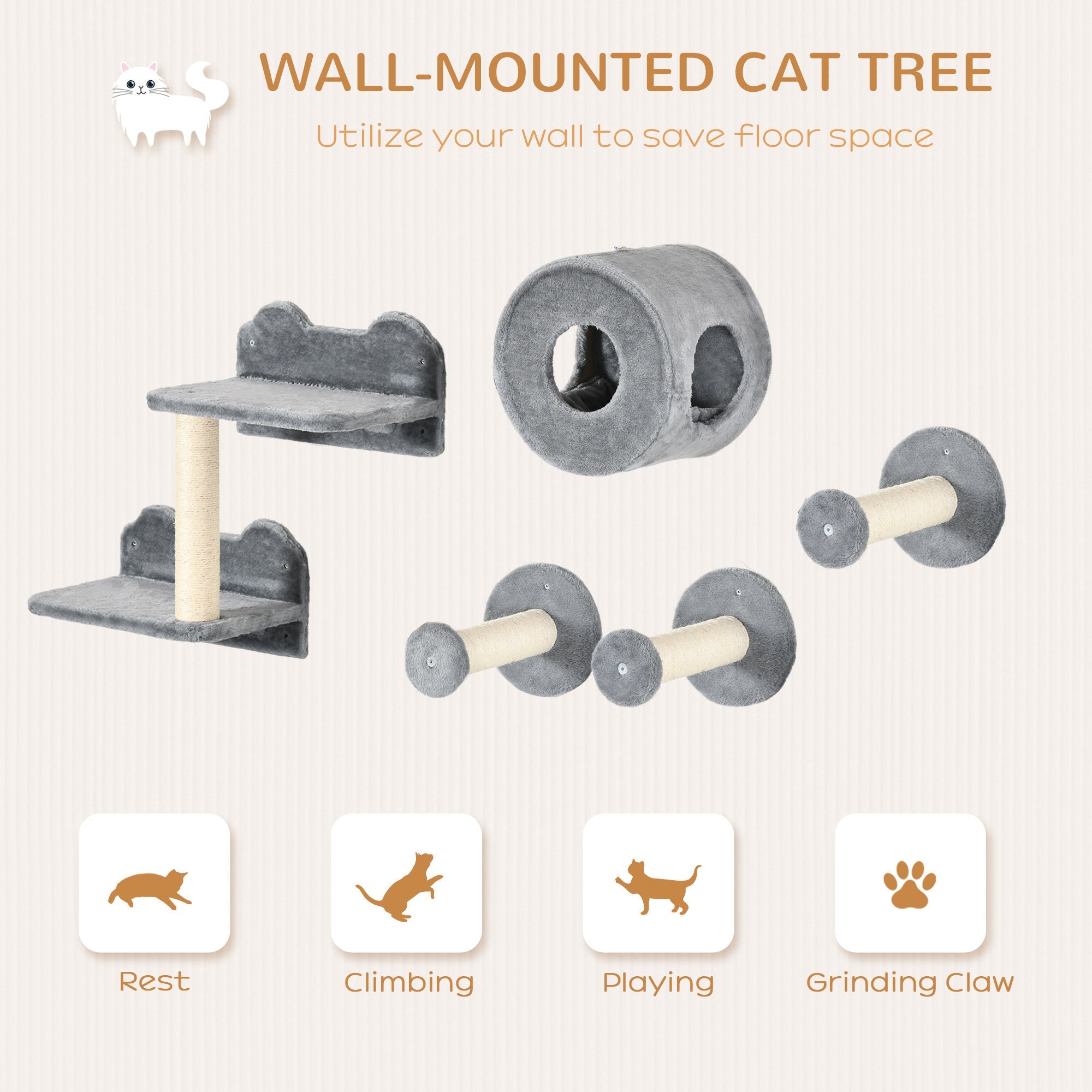 5PCs Cat Wall Shelves, Pet Wall - mounted Climbing Shelf Set, Kitten Activity Center with Condo, Cushion, Scratching Post, Jumping Platform, Brown - Tuesday Morning - Pet Supplies