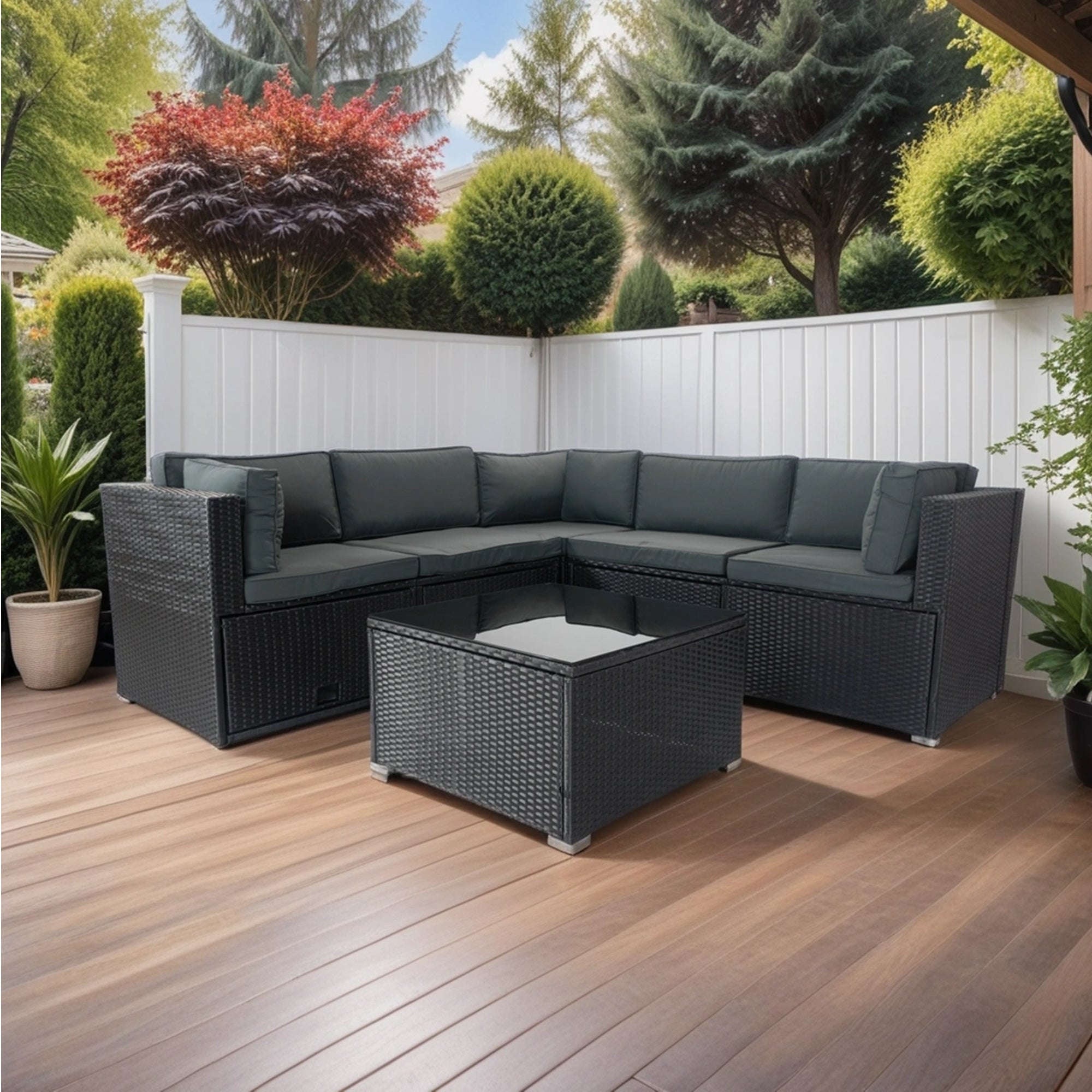 6 Pieces PE Rattan sectional Outdoor Furniture Cushioned Sofa Set with 3 Storage Under Seat Black Wicker + Dark Grey Cushion - Tuesday Morning - Outdoor Furniture Sets