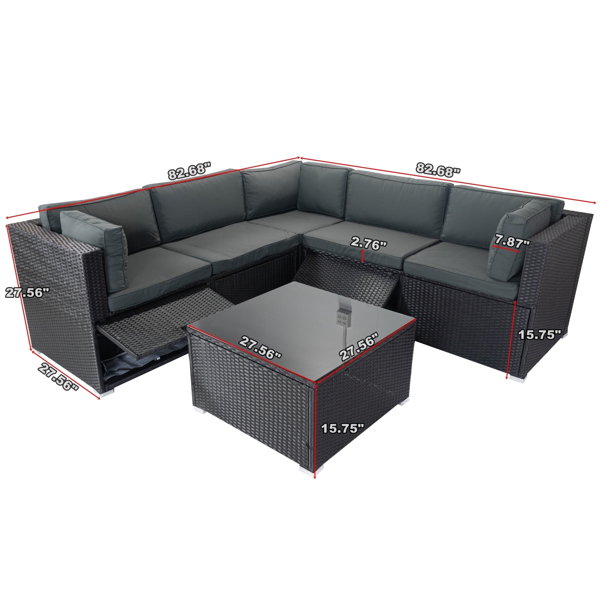 6 Pieces PE Rattan sectional Outdoor Furniture Cushioned Sofa Set with 3 Storage Under Seat Black Wicker + Dark Grey Cushion - Tuesday Morning - Outdoor Furniture Sets