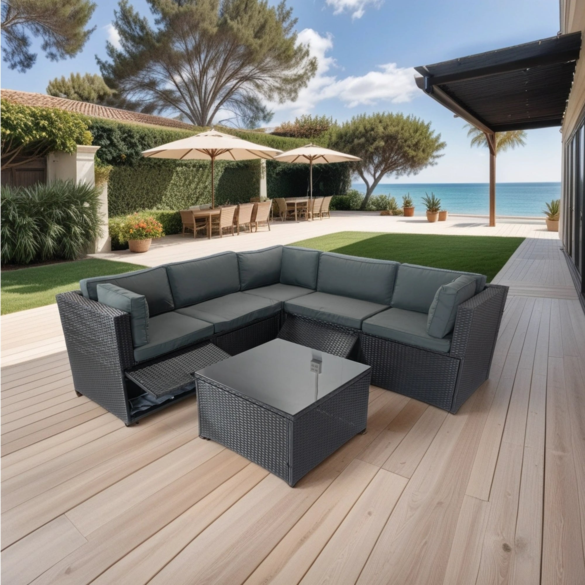 6 Pieces PE Rattan sectional Outdoor Furniture Cushioned Sofa Set with 3 Storage Under Seat Black Wicker + Dark Grey Cushion - Tuesday Morning - Outdoor Furniture Sets