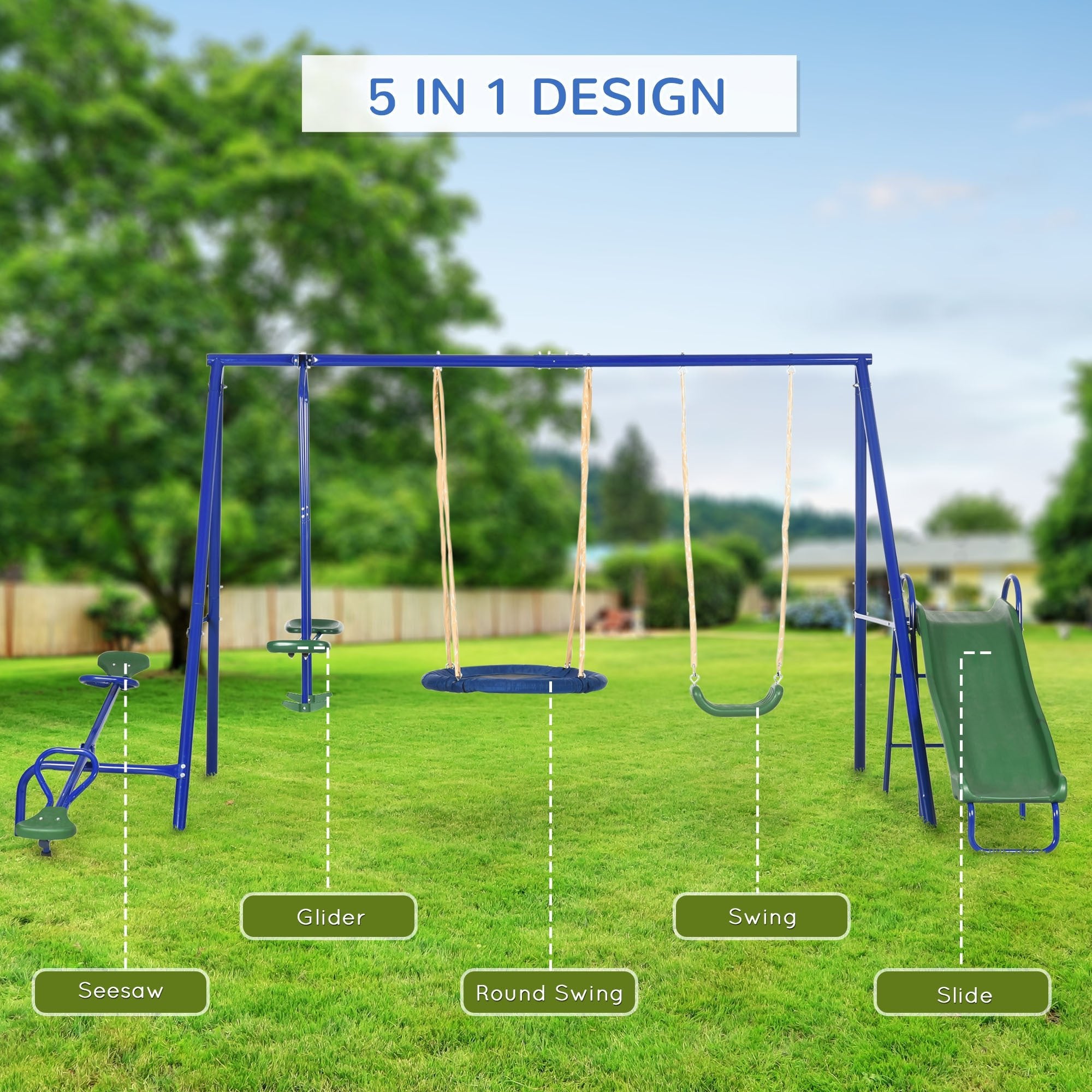 616 lbs Swing Set for Backyard, 5 in 1 Heavy - Duty A - Frame Stand Outdoor Playset for Kids, with Saucer Swing, Slide, Seesaw, Glider, Swing Seat - Tuesday Morning - Toys & Games