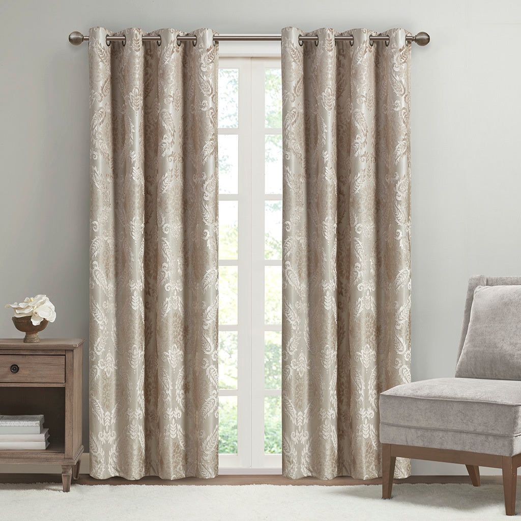 Knitted-Jacquard-Paisley-Total-Blackout-Grommet-Top-Curtain-Panel-Window-Curtains