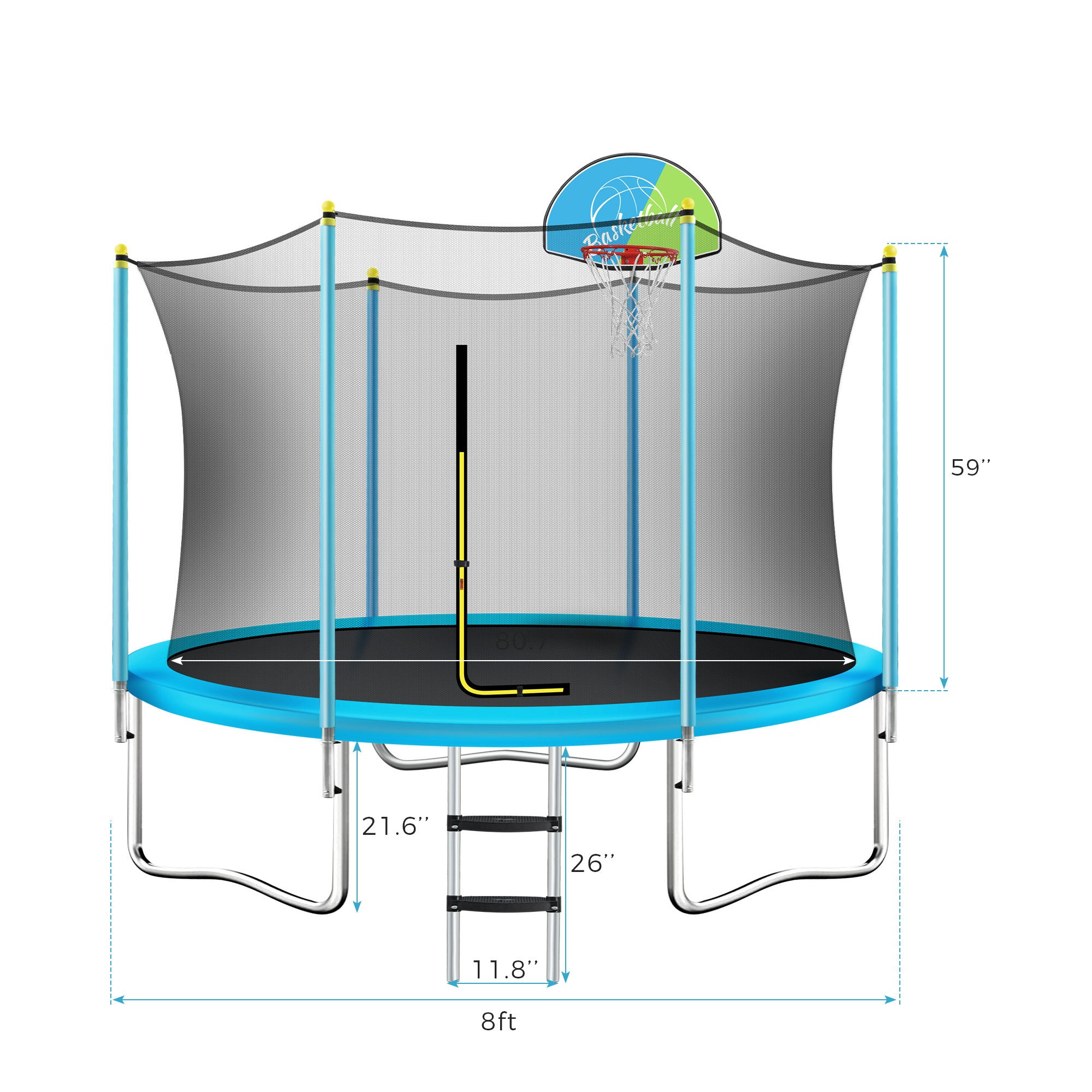 8FT Trampoline with Safety Enclosure Net, Basketball Hoop and Ladder, Easy Assembly Round Outdoor Recreational Trampoline - Tuesday Morning - Swing Sets & Trampolines