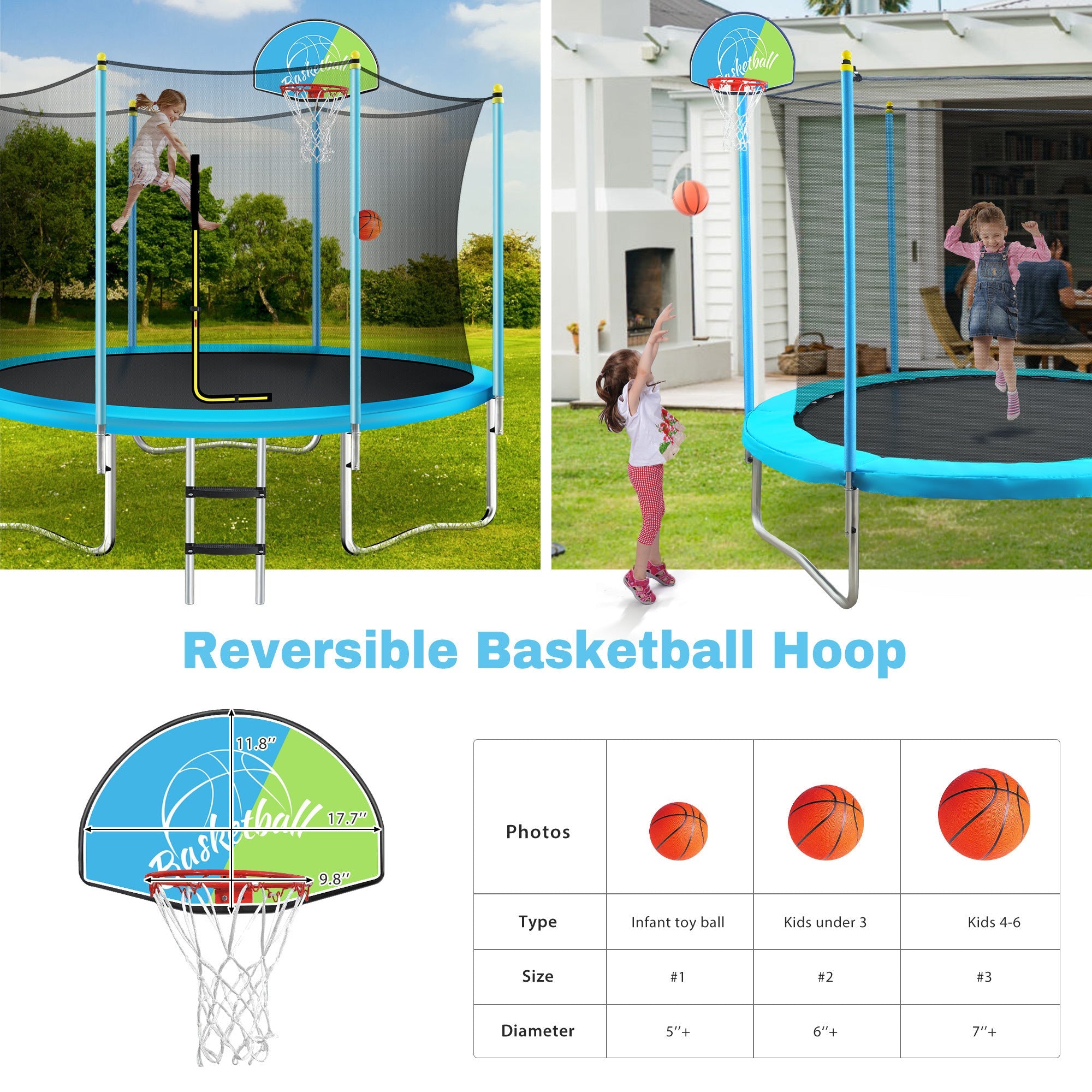 8FT Trampoline with Safety Enclosure Net, Basketball Hoop and Ladder, Easy Assembly Round Outdoor Recreational Trampoline - Tuesday Morning - Swing Sets & Trampolines