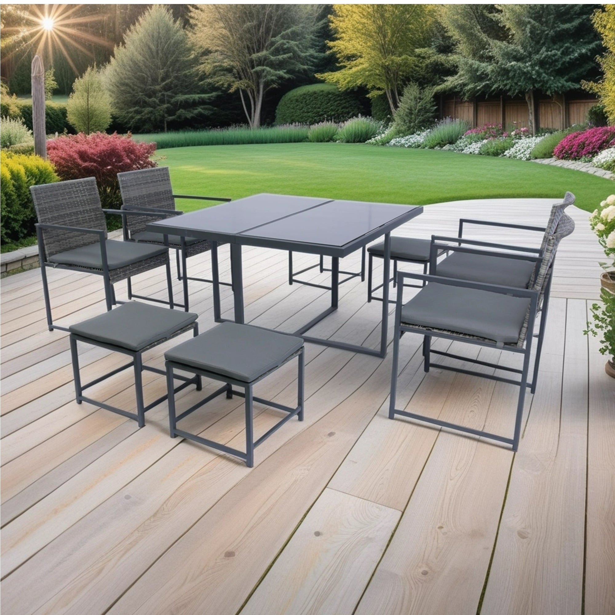 9 Pieces Patio Dining Sets Outdoor Space Saving Rattan Chairs with Glass Table Top Grey Wicker + Dark Grey Cushion - Tuesday Morning - Outdoor Furniture Sets