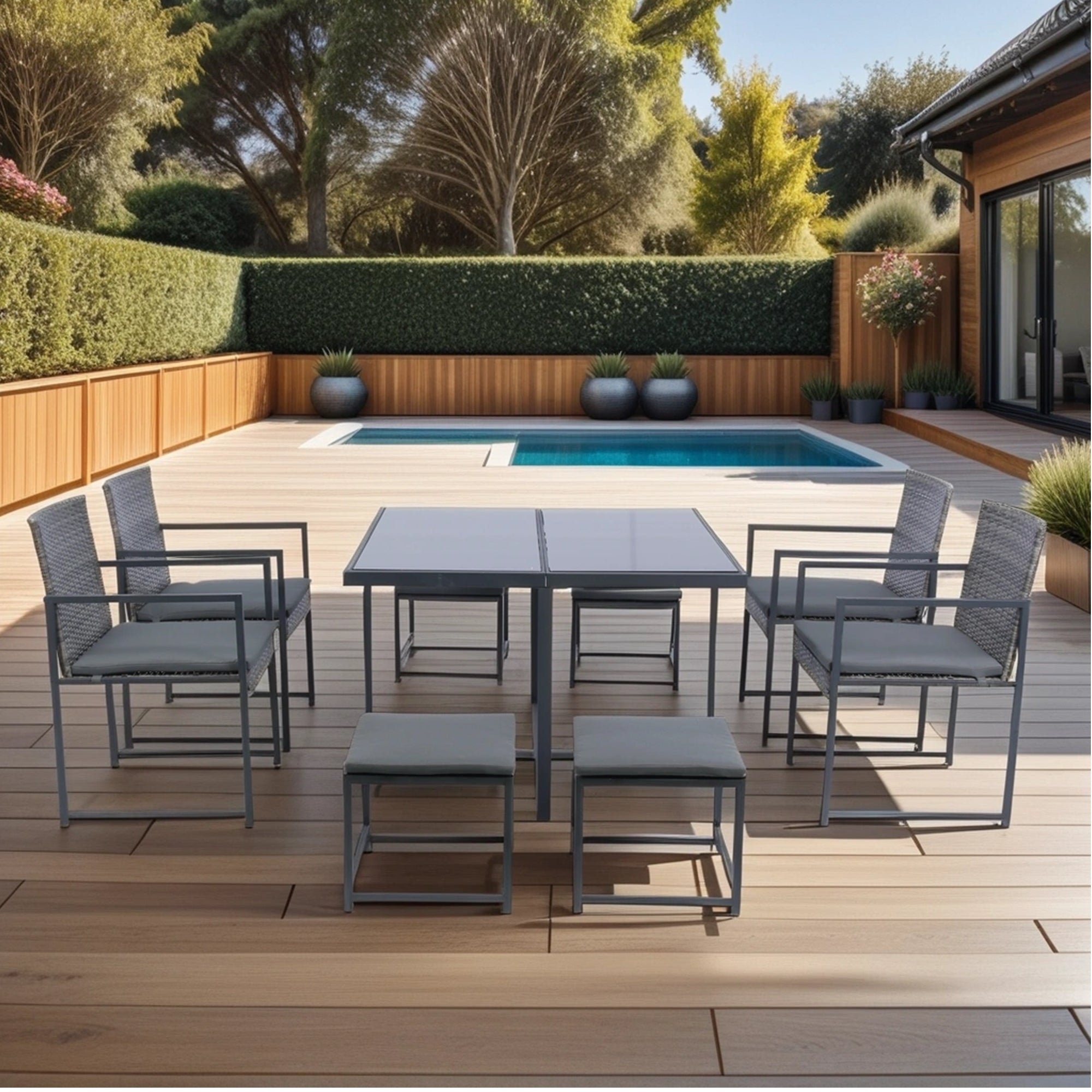 9 Pieces Patio Dining Sets Outdoor Space Saving Rattan Chairs with Glass Table Top Grey Wicker + Dark Grey Cushion - Tuesday Morning - Outdoor Furniture Sets