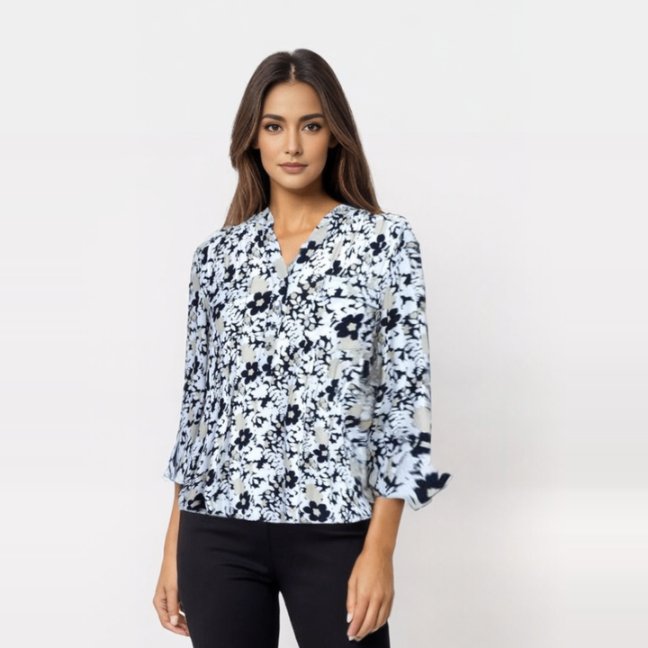 Cocomo Black and White Floral Popover with Pleats - Tuesday Morning - Shirts & Blouses