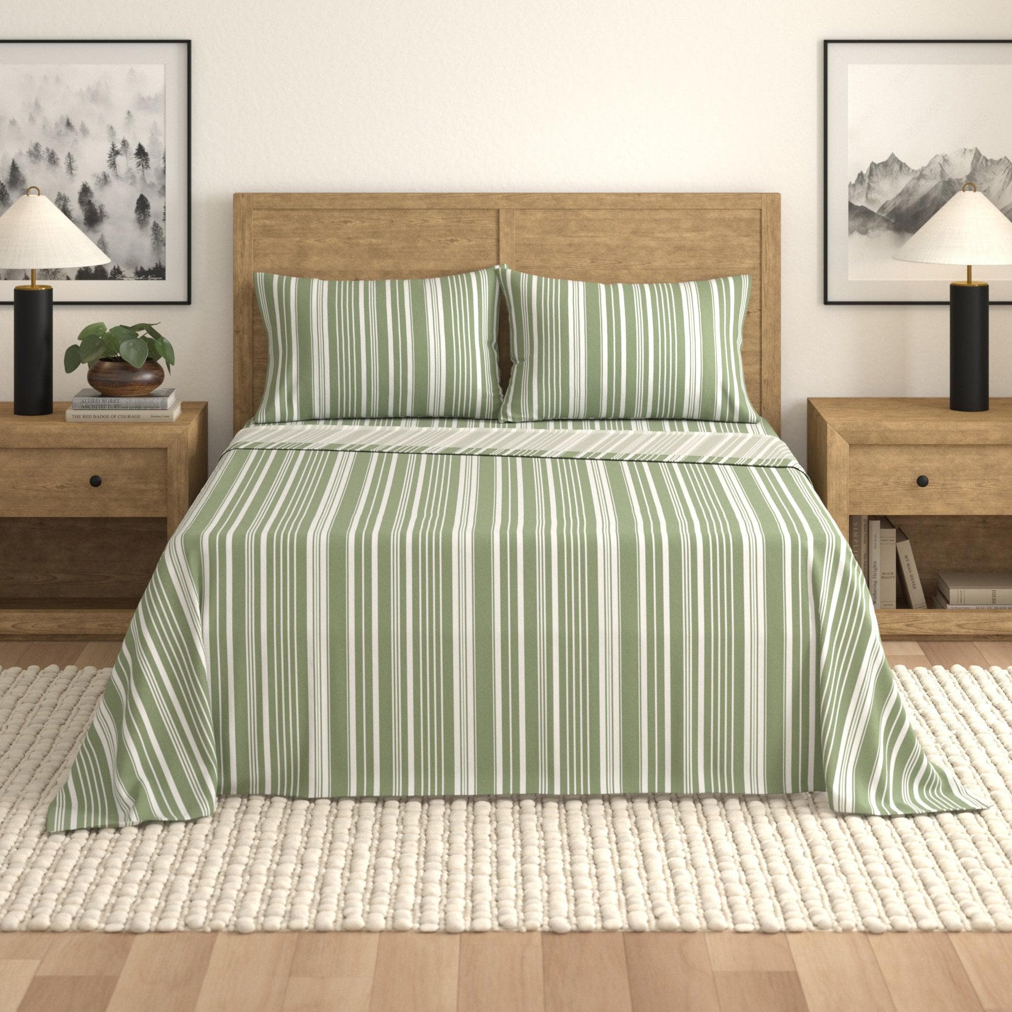 greatbayhome Bed Sheets Twin / Sage Green Stripe 4-Piece Striped Microfiber Sheet Set - Elouise Collection 4-Piece Striped Microfiber Sheet Set | Elouise Collection 