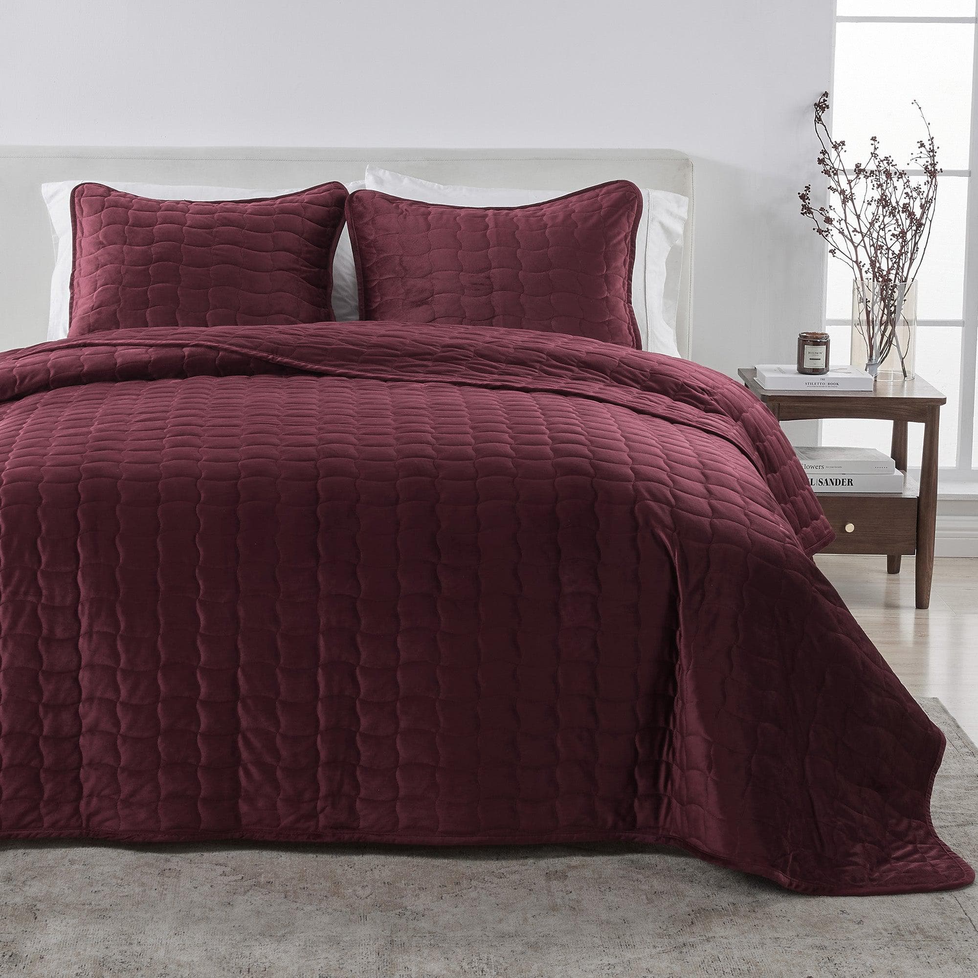 greatbayhome Quilts & Comforters Twin / Twin XL / Merlot Velvet Box-Stitched Quilt Set - Vivica Collection Velvet Box-Stitched Quilt Set | Vivica Collection 