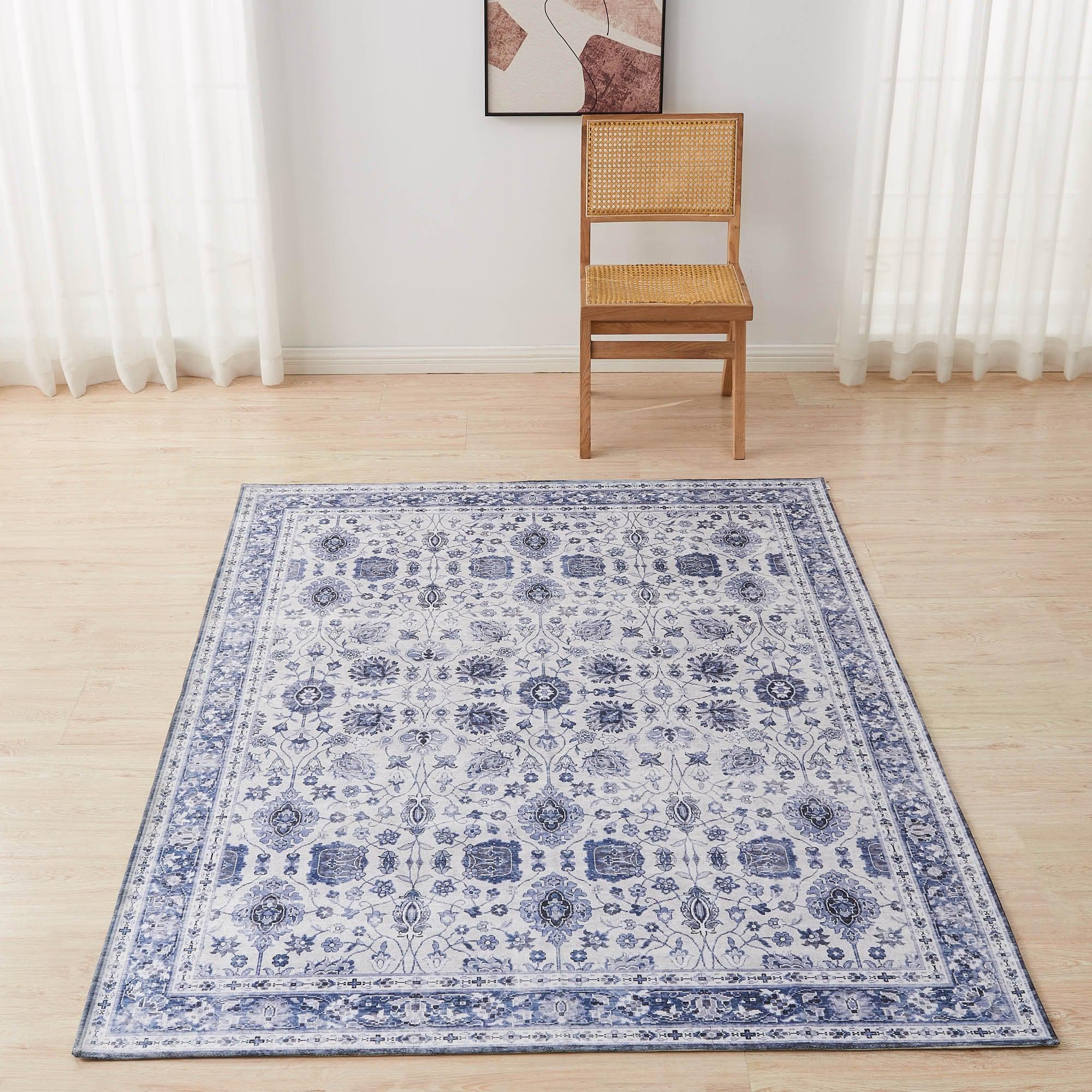 greatbayhome Rugs 5’ x 7’ / Blue Floral Machine Washable Accent Area Rug & Runner - Matra Collection Floral Washable Accent Area Rug 5' x7' | Matra Collection 