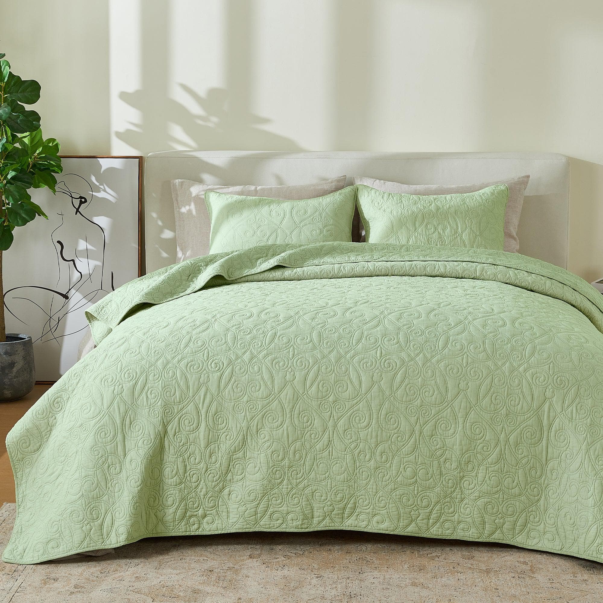 Patina Vie Maison Quilts & Comforters Full / Queen / Green - Scroll 100% Cotton Quilt Set with Boho Stitched Detail