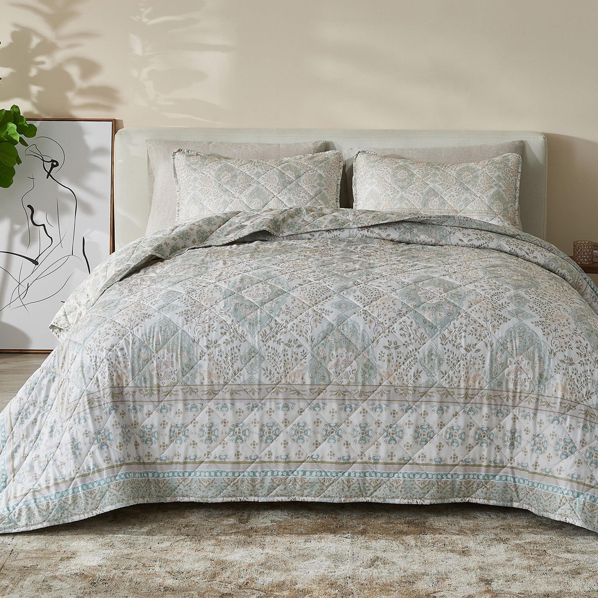 Patina Vie Maison Quilts & Comforters King / Block Floral - Sage Green Blue / Green Boho Printed Bordered Quilt Set with Shams